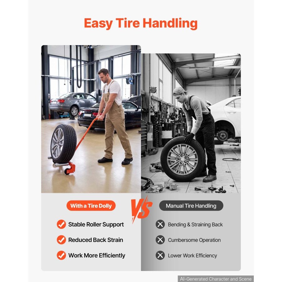 VEVOR Tire Wheel Dolly, 300kg Heavy Duty Adjustable Truck Car Tire Dolly, 3 Adjustable Widths, Fit 597-1105mm Tires, 360° Rotating Rollers, Smooth Rolling Tire Lifter for Workshops & Home Garages