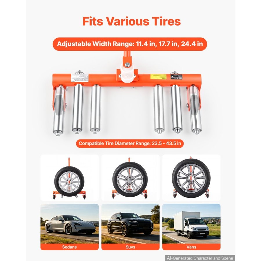 VEVOR Tire Wheel Dolly, 300kg Heavy Duty Adjustable Truck Car Tire Dolly, 3 Adjustable Widths, Fit 597-1105mm Tires, 360° Rotating Rollers, Smooth Rolling Tire Lifter for Workshops & Home Garages