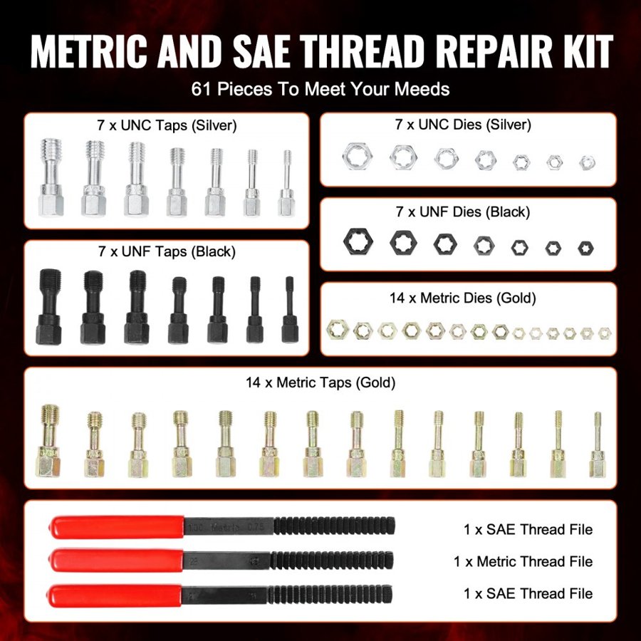 VEVOR Rethreader Tool Kit – 61 Piece, 28 Taps, 28 Dies