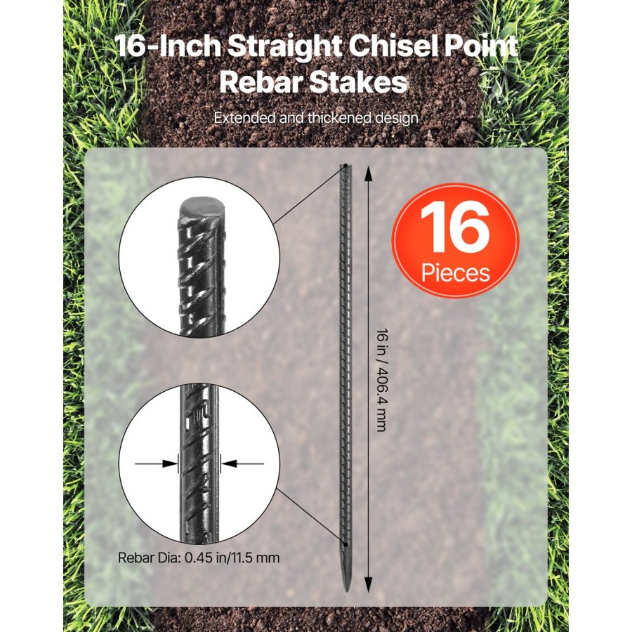 VEVOR Rebar Ground Stakes – 16 Pack, HRB400E, 0.45 Inch