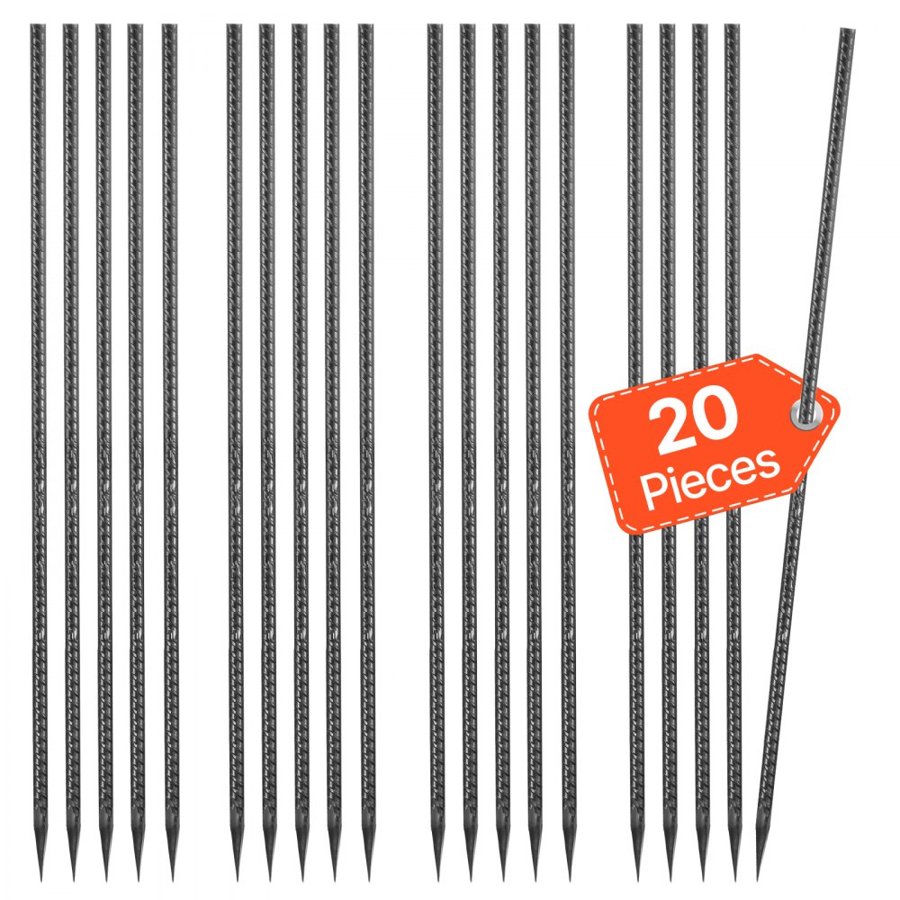 VEVOR Rebar Stakes, 609,6 mm / 24-Inch, Heavy-Duty 0.47 in Diameter, Straight Galvanized Steel Ground Anchors with Chisel Point End & Rust-Resistant Coating, for Gardening Support, Fence, Camping Tents (20-Pack)