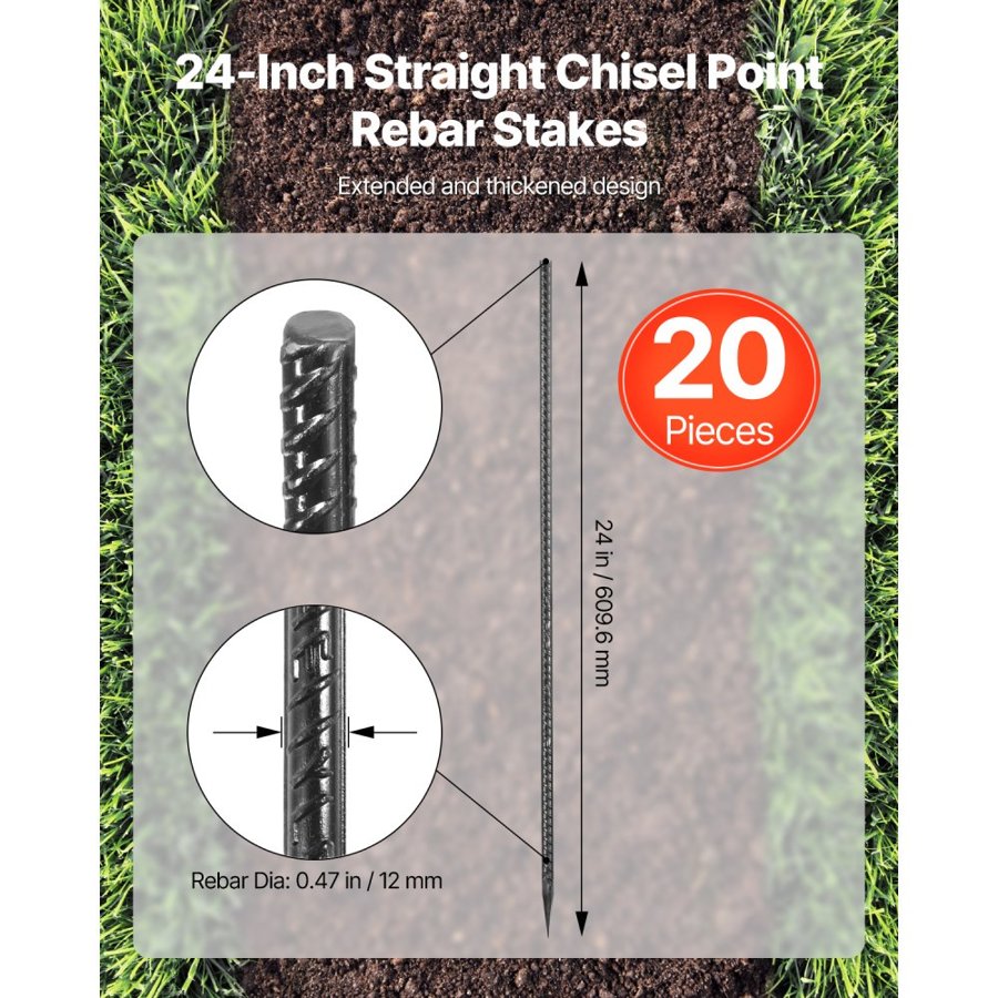 VEVOR Rebar Stakes, 609,6 mm / 24-Inch, Heavy-Duty 0.47 in Diameter, Straight Galvanized Steel Ground Anchors with Chisel Point End & Rust-Resistant Coating, for Gardening Support, Fence, Camping Tents (20-Pack)