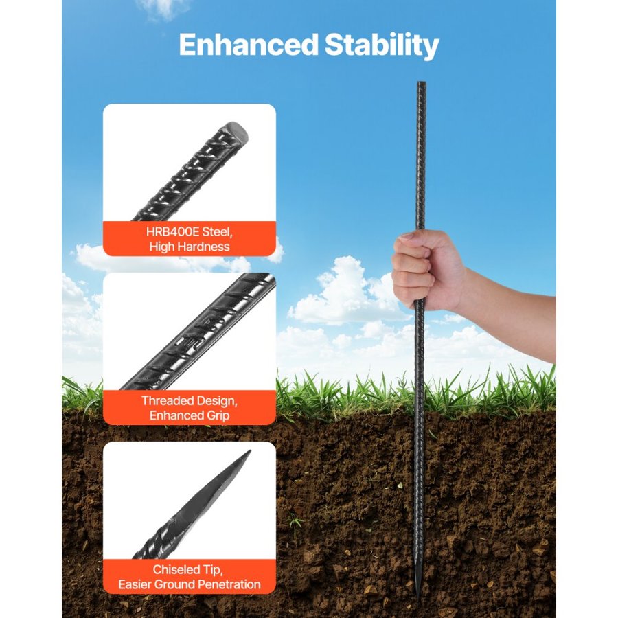 VEVOR Rebar Stakes, 609,6 mm / 24-Inch, Heavy-Duty 0.47 in Diameter, Straight Galvanized Steel Ground Anchors with Chisel Point End & Rust-Resistant Coating, for Gardening Support, Fence, Camping Tents (20-Pack)