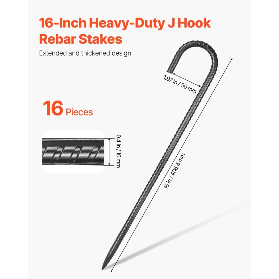 VEVOR Rebar Stakes, 406,4 mm / 16-Inch, Heavy-Duty 0.4 in Diameter J Hook, Galvanized Steel Ground Anchors with Chisel Point End & Rust-Resistant Coating, for Gardening Support, Fence, Camping Tents (16-Pack)