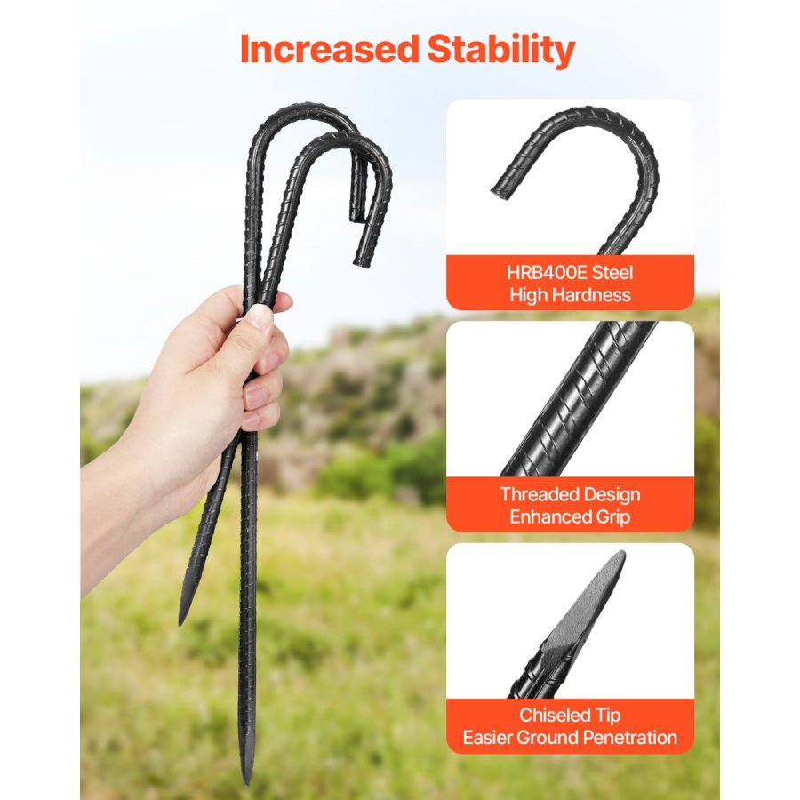 VEVOR Rebar Stakes, 406,4 mm / 16-Inch, Heavy-Duty 0.4 in Diameter J Hook, Galvanized Steel Ground Anchors with Chisel Point End & Rust-Resistant Coating, for Gardening Support, Fence, Camping Tents (16-Pack)