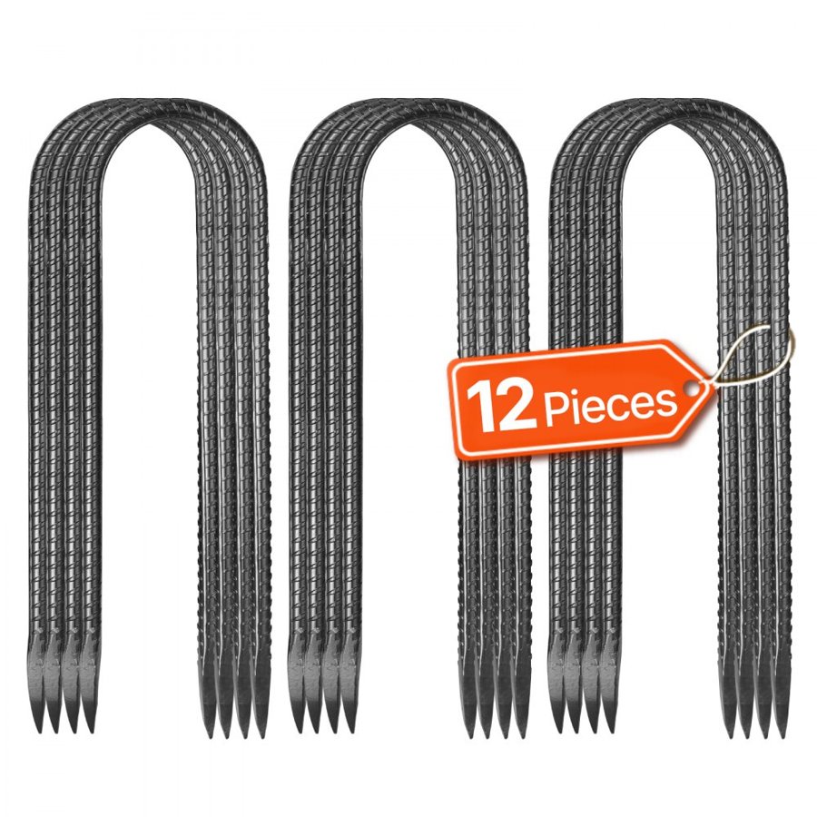 VEVOR 254x55,88mm / 10-Inch 12 Pack Rebar Stakes Heavy Duty U Shape Galvanized Ground Anchors