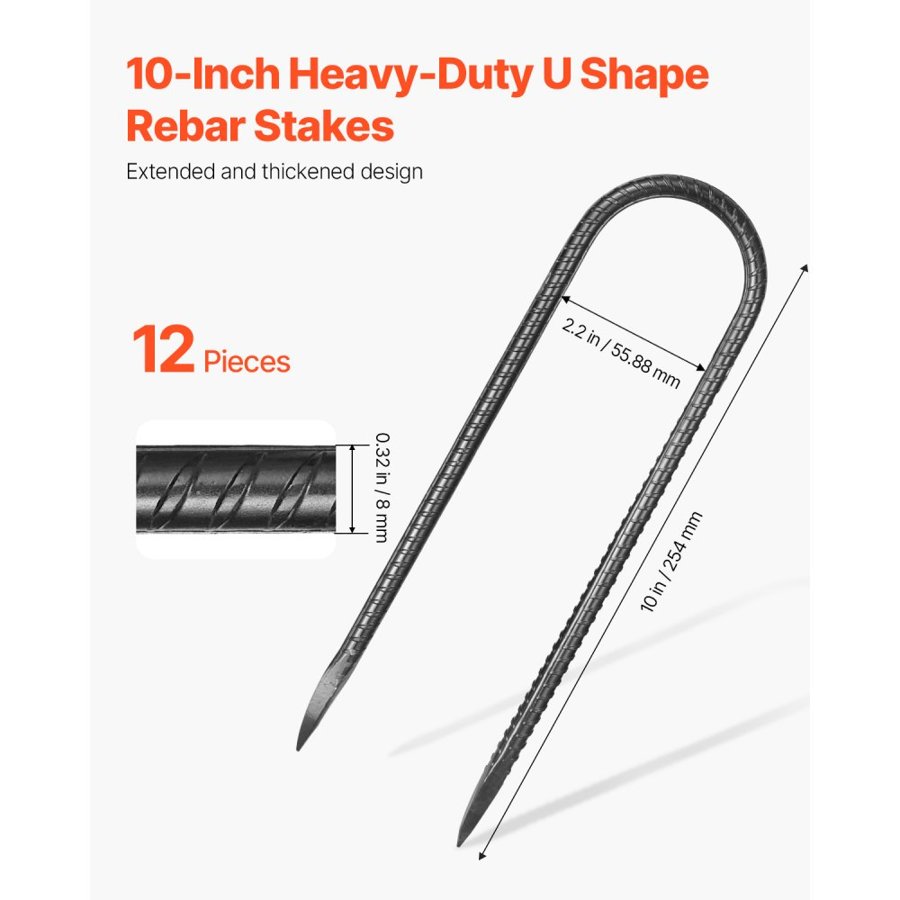 VEVOR 254x55,88mm / 10-Inch 12 Pack Rebar Stakes Heavy Duty U Shape Galvanized Ground Anchors
