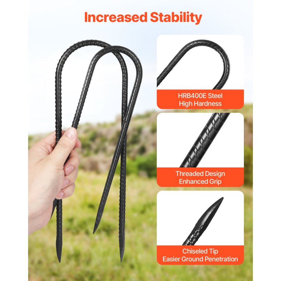 VEVOR 254x55,88mm / 10-Inch 12 Pack Rebar Stakes Heavy Duty U Shape Galvanized Ground Anchors