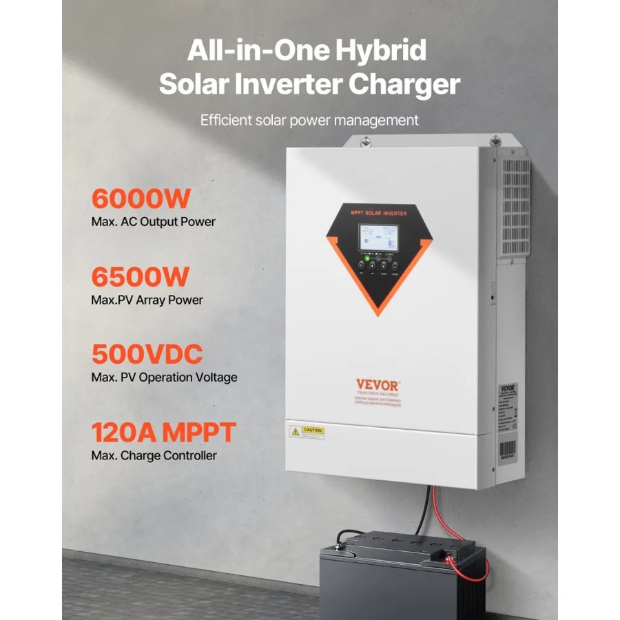 VEVOR 6000 Watt Pure Sine Inverter – Hybrid Solar, 120A MPPT