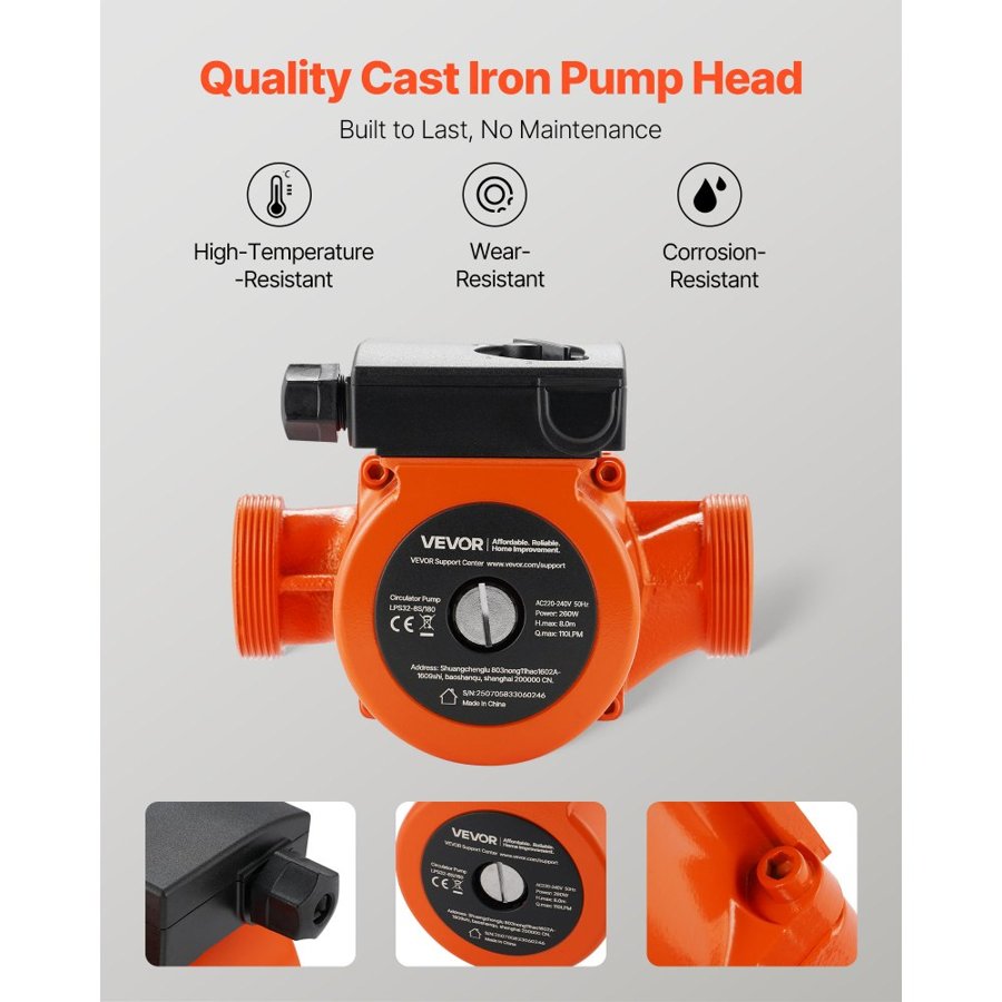 VEVOR LPS32-8S/180 Cast Iron Circulator Pump, 3/8 HP, 220-240V 110 LPM Hot Water Recirculating Circulation Pump, Threaded Connection, 3-Speed Adjustment, Quiet Operation, for Home Heating System, inlet and outlet both 2 inch