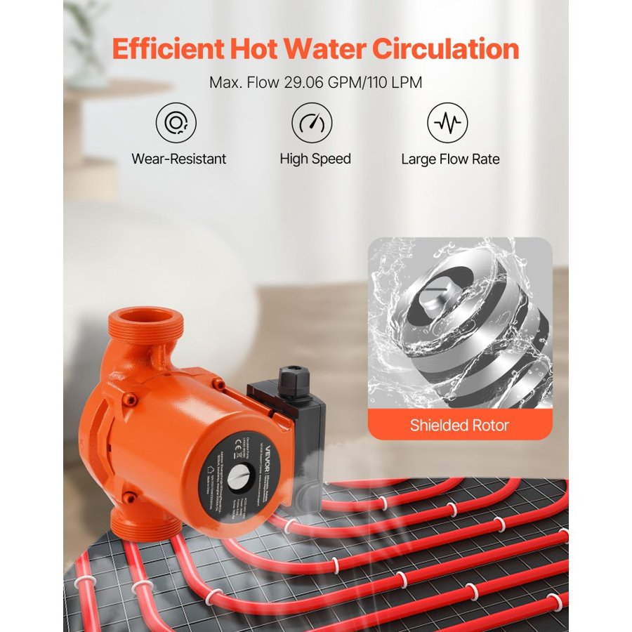 VEVOR LPS32-8S/180 Cast Iron Circulator Pump, 3/8 HP, 220-240V 110 LPM Hot Water Recirculating Circulation Pump, Threaded Connection, 3-Speed Adjustment, Quiet Operation, for Home Heating System, inlet and outlet both 2 inch