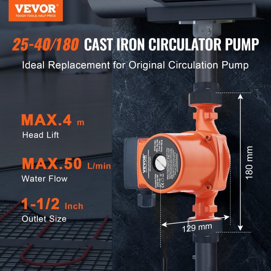 VEVOR LPS25-4S-180 Hot Water Recirculating Pump, 220V, 72W 50LPM Hot Water Circulation Pump, 38 mm(1.5") Threaded NPT 3-Speed Circulator Pump, Quiet Operation Circulator Pump for Home Water Heater System