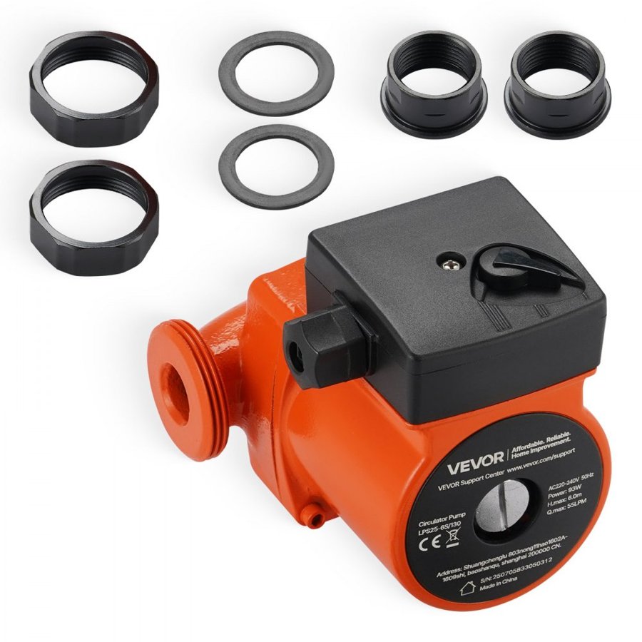 VEVOR LPS25-6S/130 Cast Iron Circulator Pump, 1/8 HP, 220-240V 55 LPM Hot Water Recirculating Circulation Pump, Threaded Connection, 3-Speed Adjustment, Quiet Operation, for Home Heating System