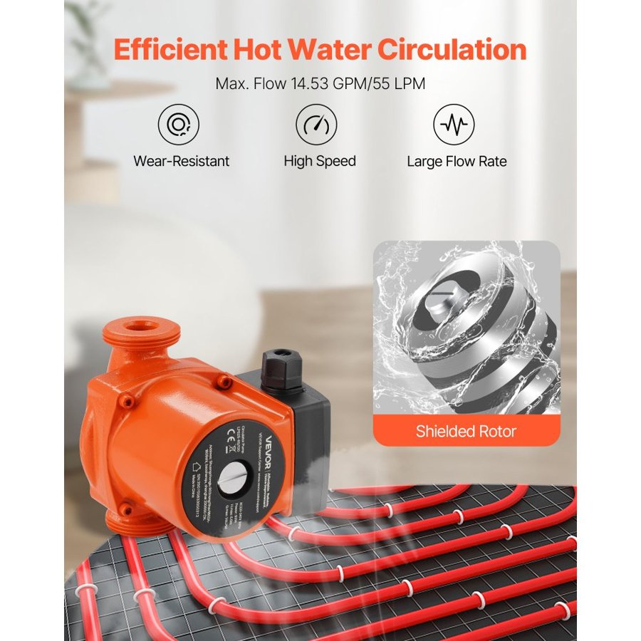 VEVOR LPS25-6S/130 Cast Iron Circulator Pump, 1/8 HP, 220-240V 55 LPM Hot Water Recirculating Circulation Pump, Threaded Connection, 3-Speed Adjustment, Quiet Operation, for Home Heating System