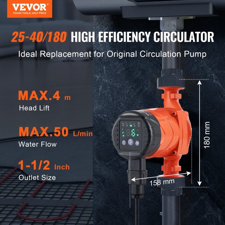 VEVOR Circulating Pump for Hot Water – LPS25-4BP-180, 22W