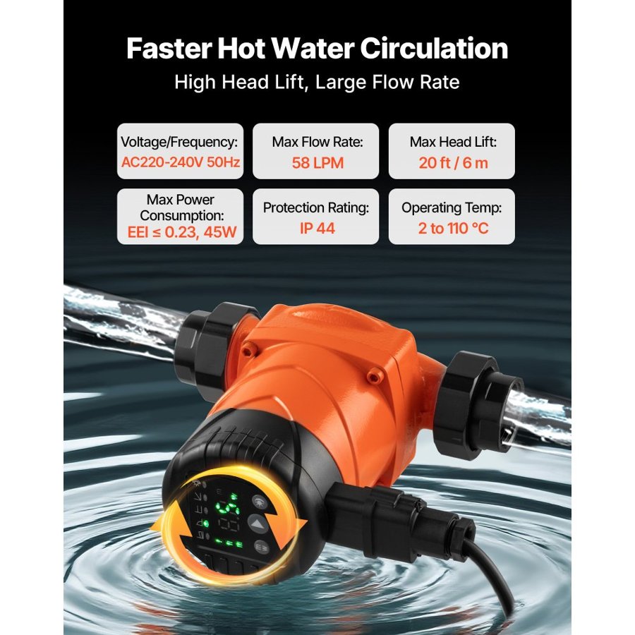 VEVOR High Efficiency Circulator Pump – 58 LPM, 45W