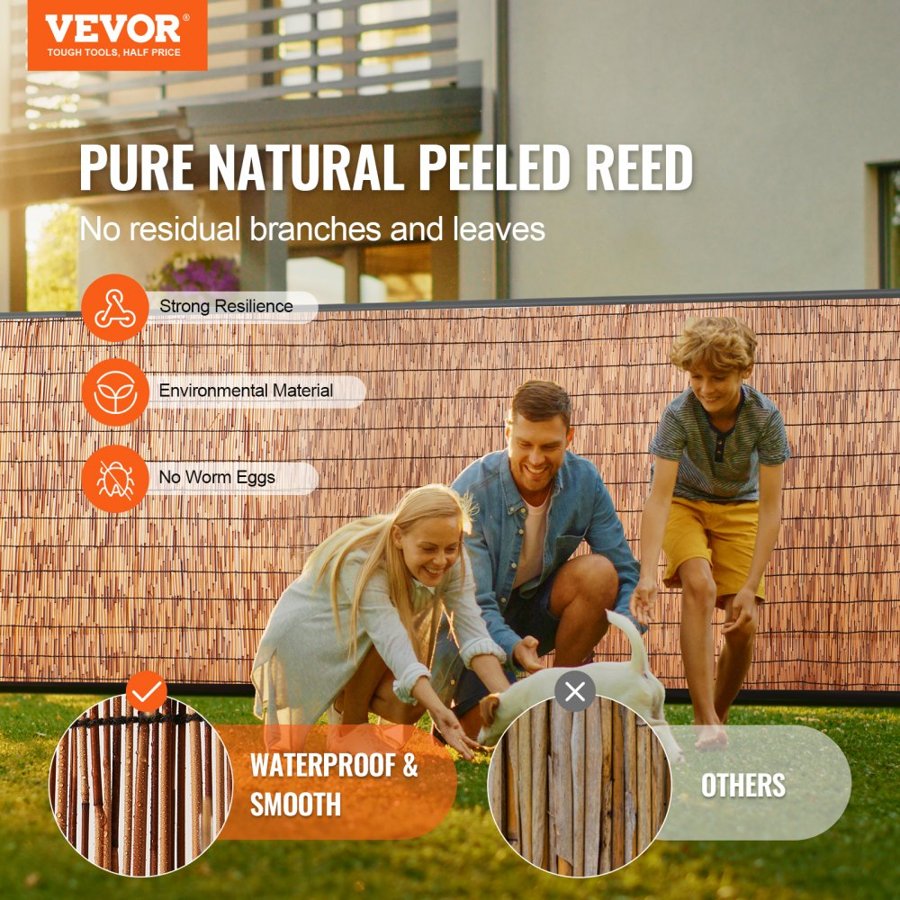 VEVOR Natural Reed Fencing, 5.5 ft x 16.4 ft, Reed Screen Curtain Balcony Reed Fence Roll for Outdoor Backyard Patio, Decorative Fence for Backyard Garden Fencing Divider, Privacy Screen Panel, Brown