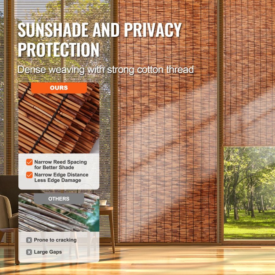 VEVOR Natural Reed Fencing, 5.5 ft x 16.4 ft, Reed Screen Curtain Balcony Reed Fence Roll for Outdoor Backyard Patio, Decorative Fence for Backyard Garden Fencing Divider, Privacy Screen Panel, Brown