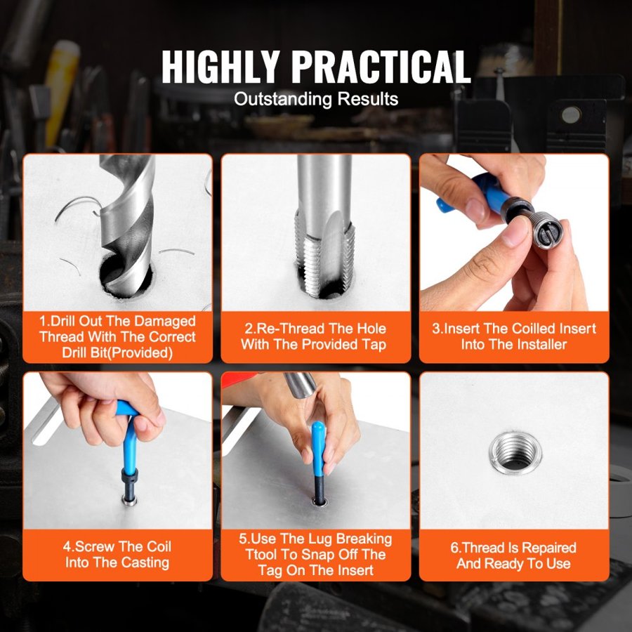 VEVOR Helicoil Thread Repair Kit, 338-Piece SAE and Metric Rethreading Tool Kit, M5, M6, M8, M10, M12, 1/4", 5/16", 3/8", 7/16", 1/2", HSS Drill Bits Thread Inserts Taps Breakoff Installation Tools