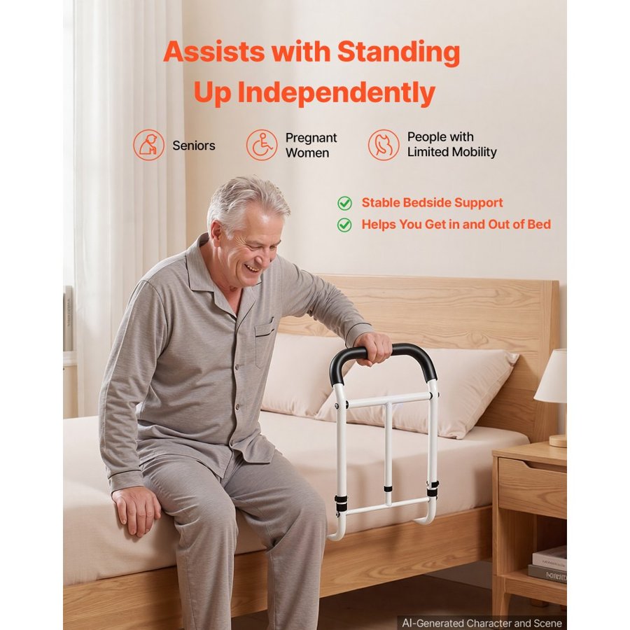 VEVOR Bed Rail for Elderly Adults 90.7kg Loading Bed Side Assist Rail, High-Strength Steel Bedside Cane for Seniors, with Adjustable Height & Base Length, Non-Slip Handle, Fit King Queen Full Twin Bed