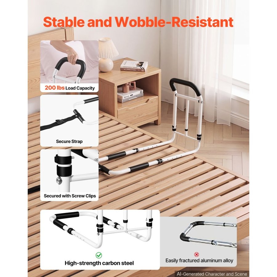 VEVOR Bed Rail for Elderly Adults 90.7kg Loading Bed Side Assist Rail, High-Strength Steel Bedside Cane for Seniors, with Adjustable Height & Base Length, Non-Slip Handle, Fit King Queen Full Twin Bed