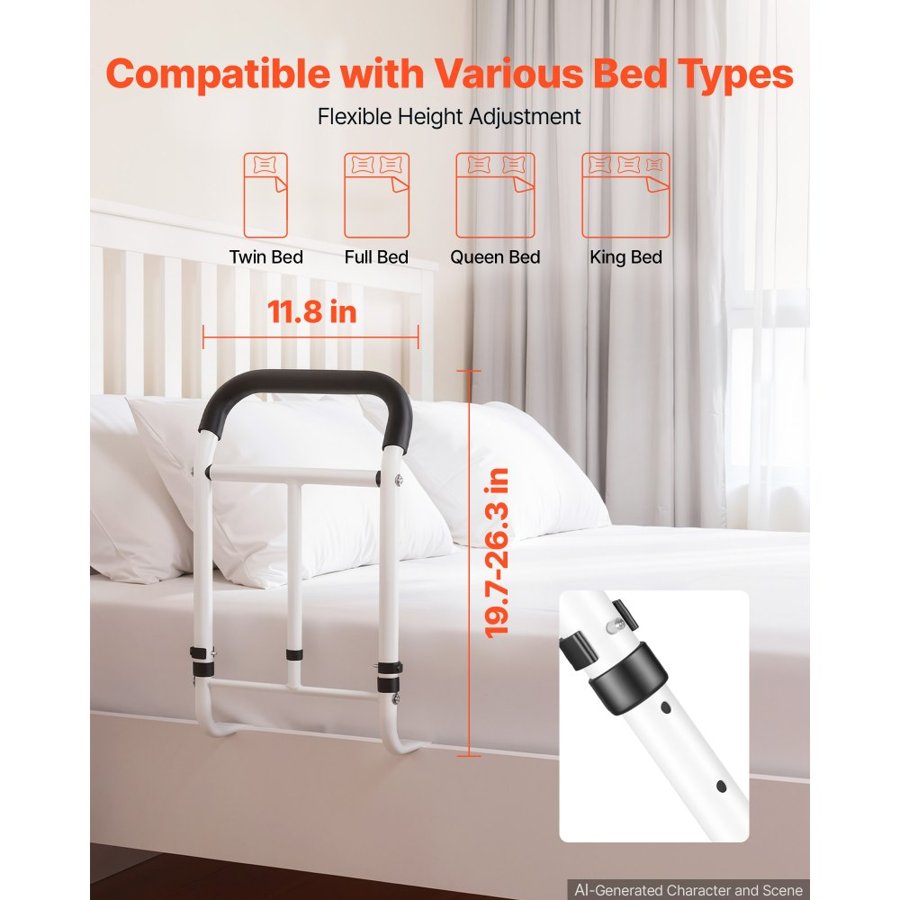 VEVOR Bed Rail for Elderly Adults 90.7kg Loading Bed Side Assist Rail, High-Strength Steel Bedside Cane for Seniors, with Adjustable Height & Base Length, Non-Slip Handle, Fit King Queen Full Twin Bed