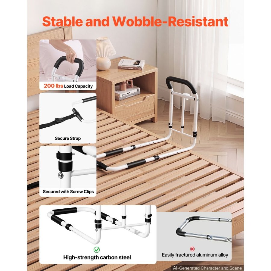 VEVOR Bed Rails for Elderly Adults 90.7kg Loading Bed Side Assist Rail, with Motion Sensor LED Light, Adjustable Height & Length, Non-Slip Handle, High-Strength Steel, Fit King Queen Full Twin Bed