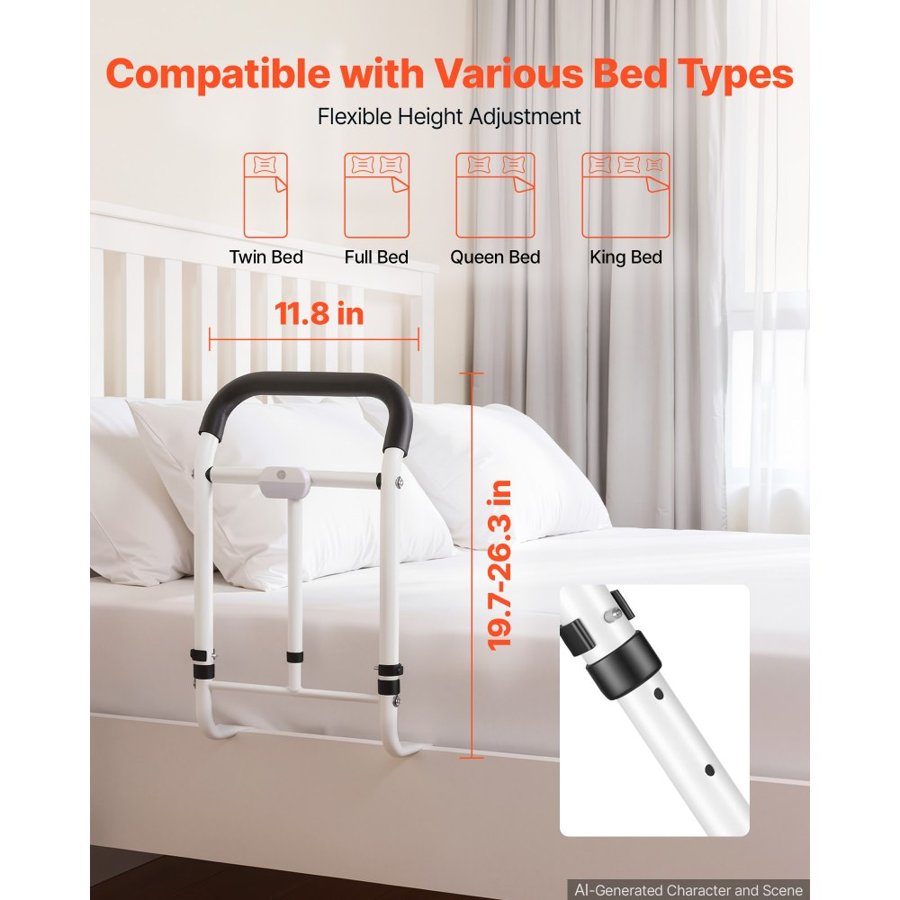 VEVOR Bed Rails for Elderly Adults 90.7kg Loading Bed Side Assist Rail, with Motion Sensor LED Light, Adjustable Height & Length, Non-Slip Handle, High-Strength Steel, Fit King Queen Full Twin Bed