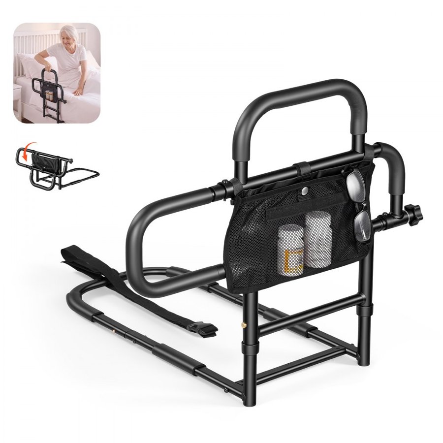 VEVOR Bed Rail for Elderly Adults Foldable Bedside Assist Rail for Seniors, 136kg Dual-Handle Support, Adjustable Handle Length, High-Strength Steel, with Storage Pocket, Fit King Queen Full Twin Bed