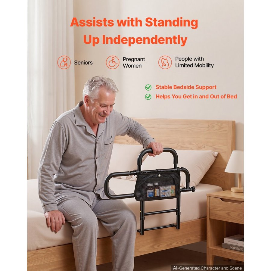 VEVOR Bed Rail for Elderly Adults Foldable Bedside Assist Rail for Seniors, 136kg Dual-Handle Support, Adjustable Handle Length, High-Strength Steel, with Storage Pocket, Fit King Queen Full Twin Bed