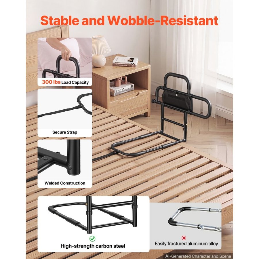 VEVOR Bed Rail for Elderly Adults Foldable Bedside Assist Rail for Seniors, 136kg Dual-Handle Support, Adjustable Handle Length, High-Strength Steel, with Storage Pocket, Fit King Queen Full Twin Bed
