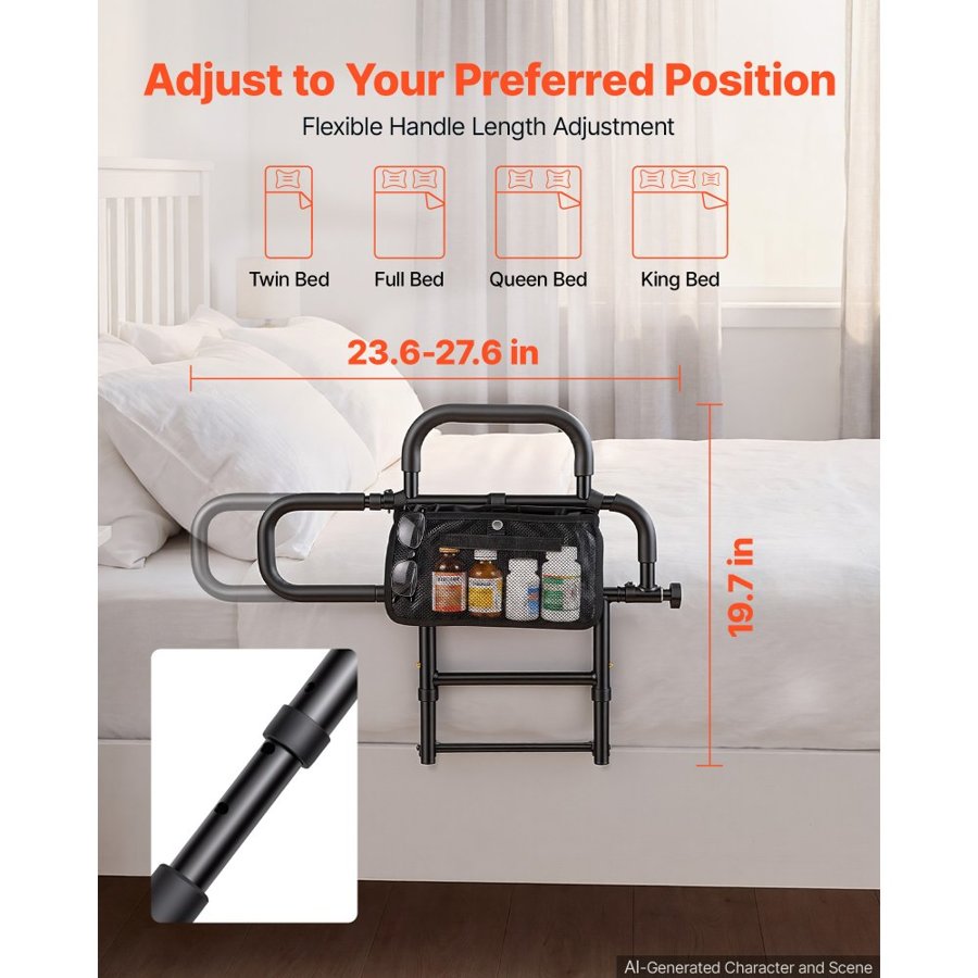 VEVOR Bed Rail for Elderly Adults Foldable Bedside Assist Rail for Seniors, 136kg Dual-Handle Support, Adjustable Handle Length, High-Strength Steel, with Storage Pocket, Fit King Queen Full Twin Bed
