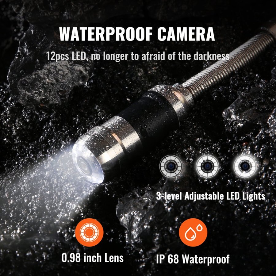 VEVOR Waterproof Plumbing Camera – 7" Screen, 66 ft Cable
