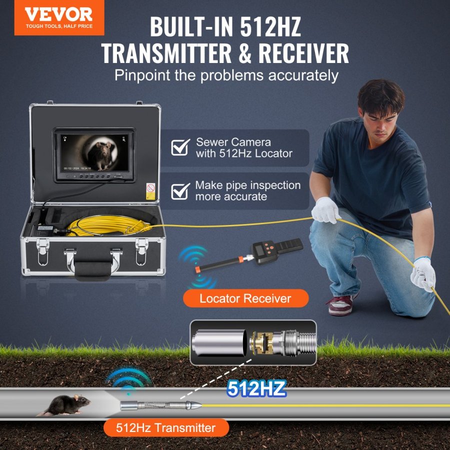 VEVOR Self Leveling Sewer Camera – 98 ft, 512Hz Locator