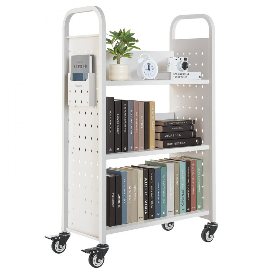 VEVOR Rolling Library Book Cart, 150 kg Capacity, 77 x 38 x 122 cm Library Cart, Single Sided L-Shaped Shelves with 76.2 mm Lockable Wheels, Book Truck for Home Shelves Office and School, White