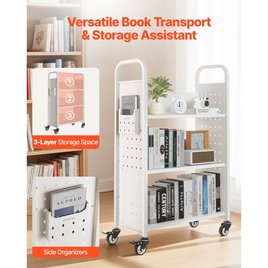 VEVOR Rolling Library Book Cart, 150 kg Capacity, 77 x 38 x 122 cm Library Cart, Single Sided L-Shaped Shelves with 76.2 mm Lockable Wheels, Book Truck for Home Shelves Office and School, White