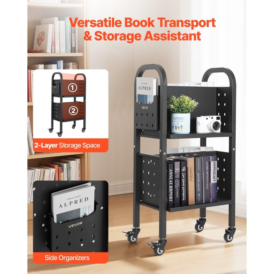 VEVOR Rolling Library Book Cart, 70 kg Capacity, 45 x 33 x 88 cm Library Cart, Double Sided L-Shaped Shelves with 50.8 mm Lockable Wheels, Book Truck for Home Shelves Office and School, Black