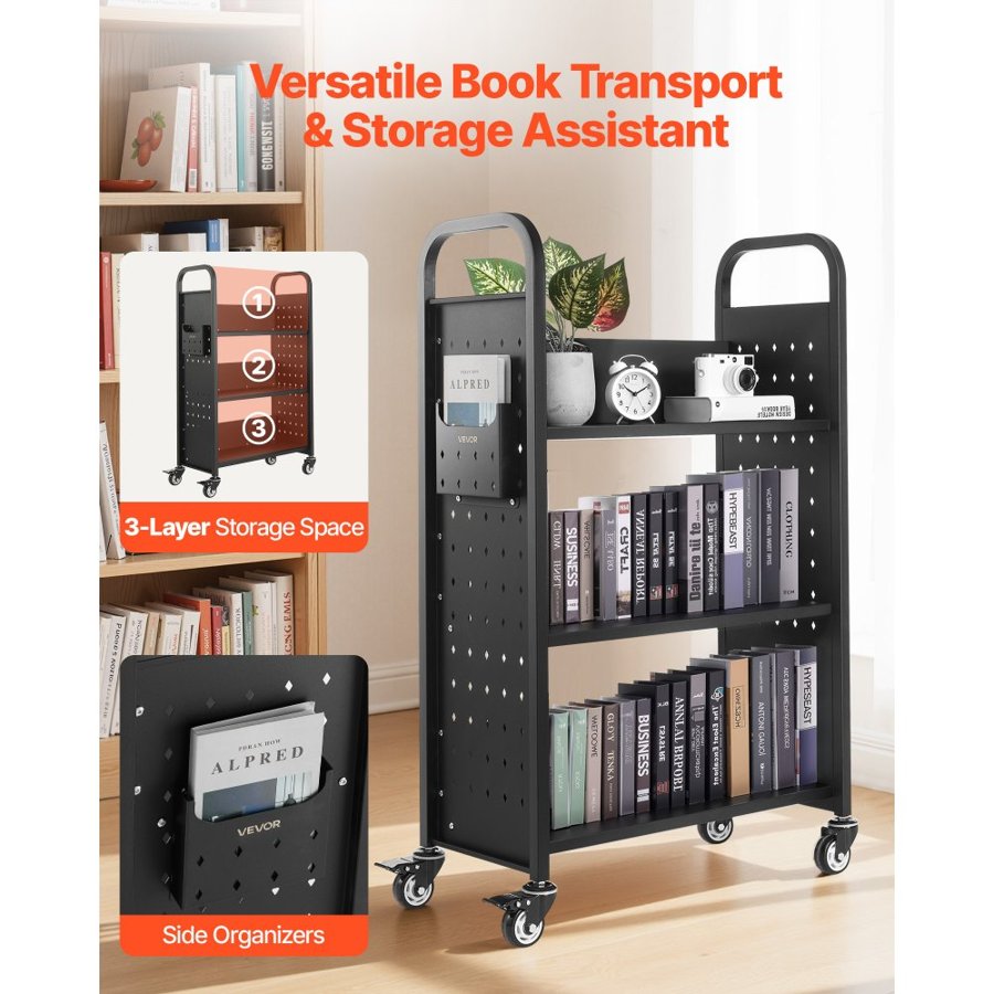 VEVOR Rolling Library Book Cart, 150 kg Capacity, 77 x 38 x 122 cm Library Cart, Single Sided L-Shaped Shelves with 76.2 mm Lockable Wheels, Book Truck for Home Shelves Office and School, Black