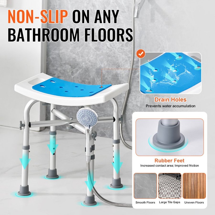 VEVOR Shower Chair, Adjustable Height Shower Stool with Crossbar Support, Shower Seat for Inside Shower or Tub, Non-Slip Bench Bathtub Stool Seat for Elderly Disabled Handicap, 226.8 kg Capacity