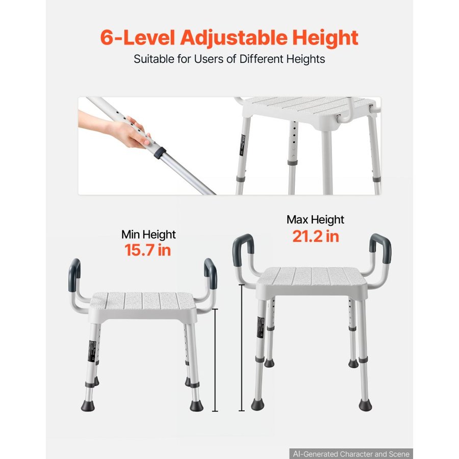 VEVOR Shower Chair with Armrest, 6-Level Height Adjustable Bath Seat for Inside Shower or Tubs, Non-Slip Bathroom Bathtub Chair for Elderly Disabled Injured, 181kg Capacity