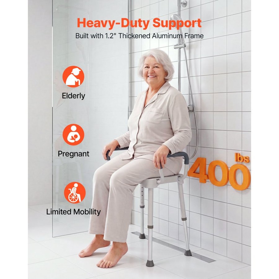 VEVOR Shower Chair with Armrest, 6-Level Height Adjustable Bath Seat for Inside Shower or Tubs, Non-Slip Bathroom Bathtub Chair for Elderly Disabled Injured, 181kg Capacity
