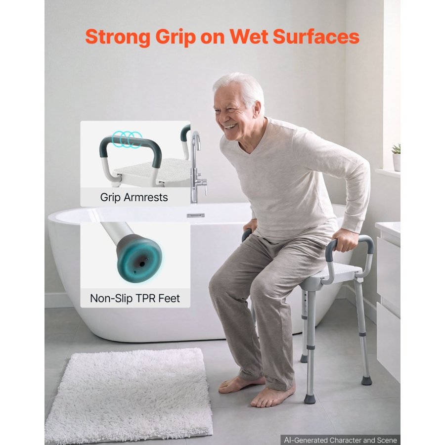 VEVOR Shower Chair with Armrest, 6-Level Height Adjustable Bath Seat for Inside Shower or Tubs, Non-Slip Bathroom Bathtub Chair for Elderly Disabled Injured, 181kg Capacity