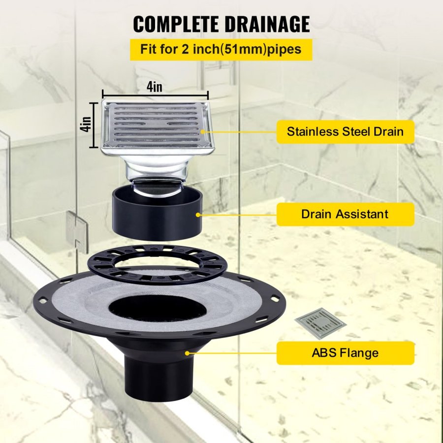 VEVOR Shower Curb Kit, 38" x 60" ABS Watertight Shower Curb Overlay with 4" ABS Central Bonding Flange, 4" Stainless Steel Grate and Trowel, Cuttable Shower Curb, Shower Pan Fit for Bathroom