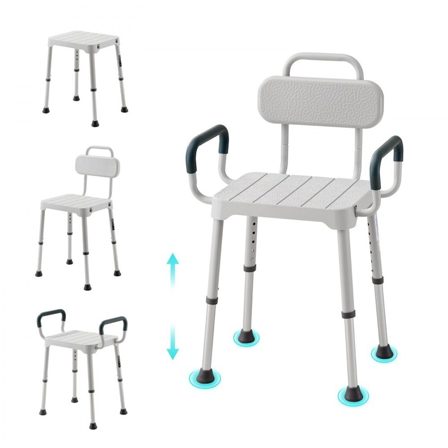 VEVOR Shower Chair with Armrest & Backrest, 6-Level Height Adjustable Bath Seat for Inside Shower or Tubs, Non-Slip Bathroom Bathtub Chair for Elderly Disabled Injured, 181kg Capacity