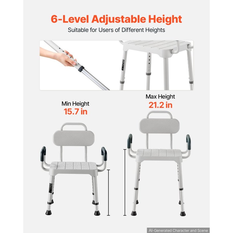 VEVOR Shower Chair with Armrest & Backrest, 6-Level Height Adjustable Bath Seat for Inside Shower or Tubs, Non-Slip Bathroom Bathtub Chair for Elderly Disabled Injured, 181kg Capacity