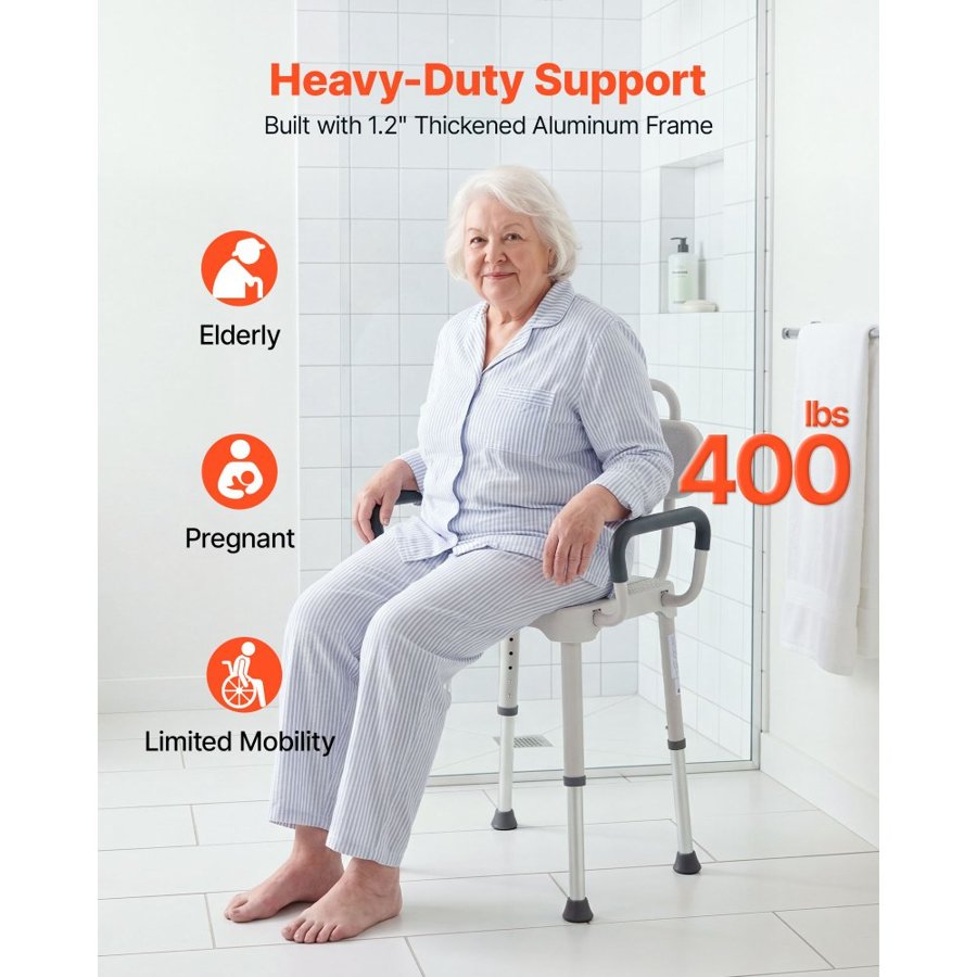 VEVOR Shower Chair with Armrest & Backrest, 6-Level Height Adjustable Bath Seat for Inside Shower or Tubs, Non-Slip Bathroom Bathtub Chair for Elderly Disabled Injured, 181kg Capacity