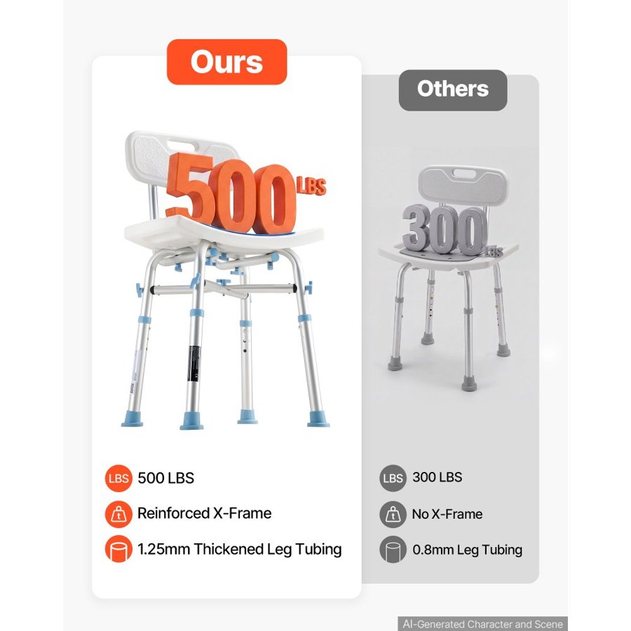 VEVOR Shower Chair with Backrest, 227kg Capacity Heavy-Duty Bath Seat for Inside Shower or Tubs, 3-Level Height Adjustable Bathroom Bathtub Chair for Elderly Disabled Injured
