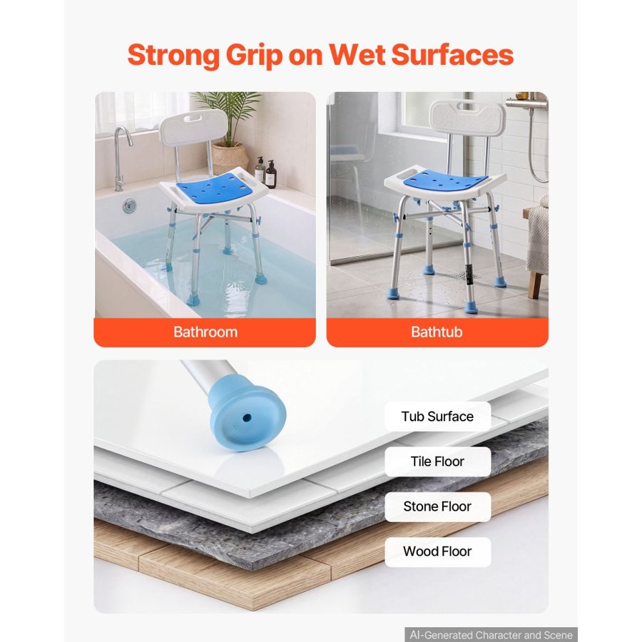 VEVOR Shower Chair with Backrest, 227kg Capacity Heavy-Duty Bath Seat for Inside Shower or Tubs, 3-Level Height Adjustable Bathroom Bathtub Chair for Elderly Disabled Injured
