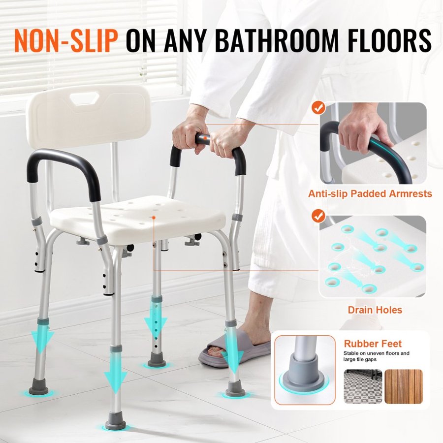 VEVOR Shower Chair, Shower Seat with Back, Adjustable Height Shower Stool, Shower Chair for Inside Shower Bathtub, Non-slip Bathroom Bench Bath Chair for Elderly Disabled Handicap, 158.8 kg Capacity