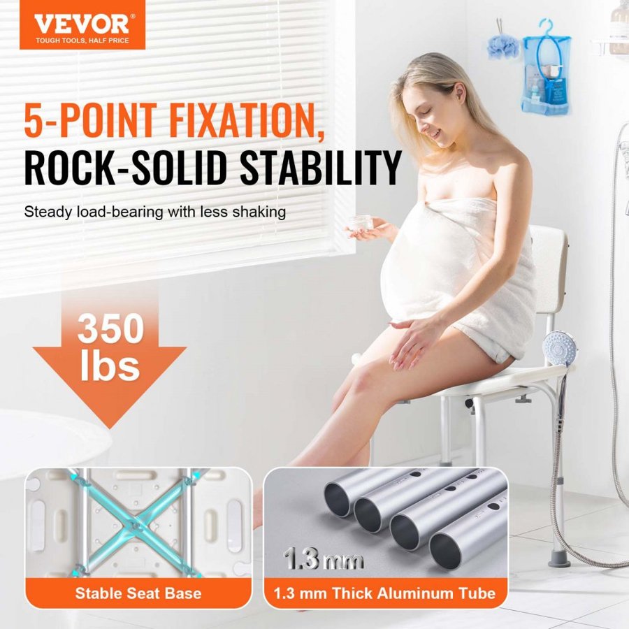 VEVOR Shower Chair, Shower Seat with Back, Adjustable Height Shower Stool, Shower Chair for Inside Shower Bathtub, Non-slip Bathroom Bench Bath Chair for Elderly Disabled Handicap, 158.8 kg Capacity